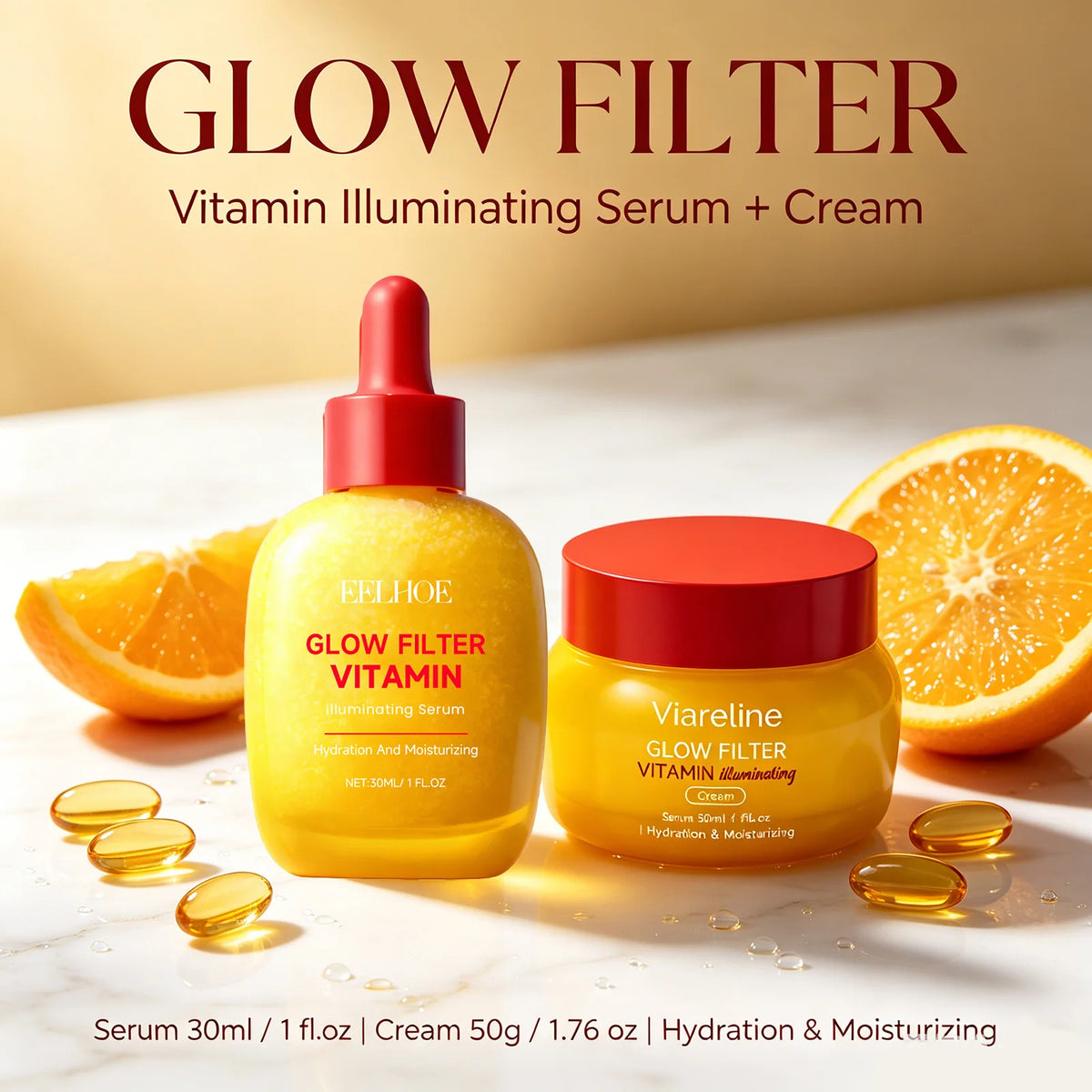 Glow Filter Vitamin Illuminating Serum &amp; Cream Set 30ml Serum + 50g Cream, Brightening &amp; Hydrating Duo for Radiant, Glowing Skin