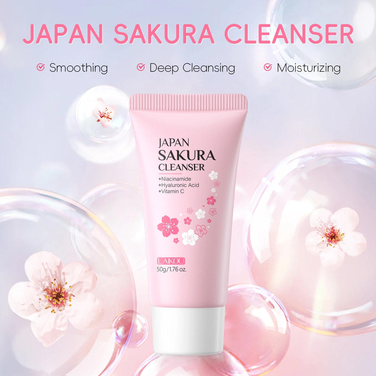 2 PCS LAIKOU Japan Sakura Cleanser 50g Deep Cleansing Soften Skin Moisturizing Gentle Facial Wash