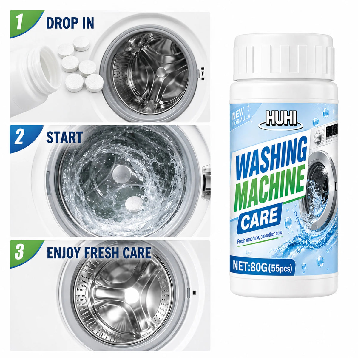 55Pcs Multi-use Appliance Effervescent Tablets. Cleans Washer Drums &amp; Pipes, Eliminates Grime &amp; Odors for Daily Maintenance.