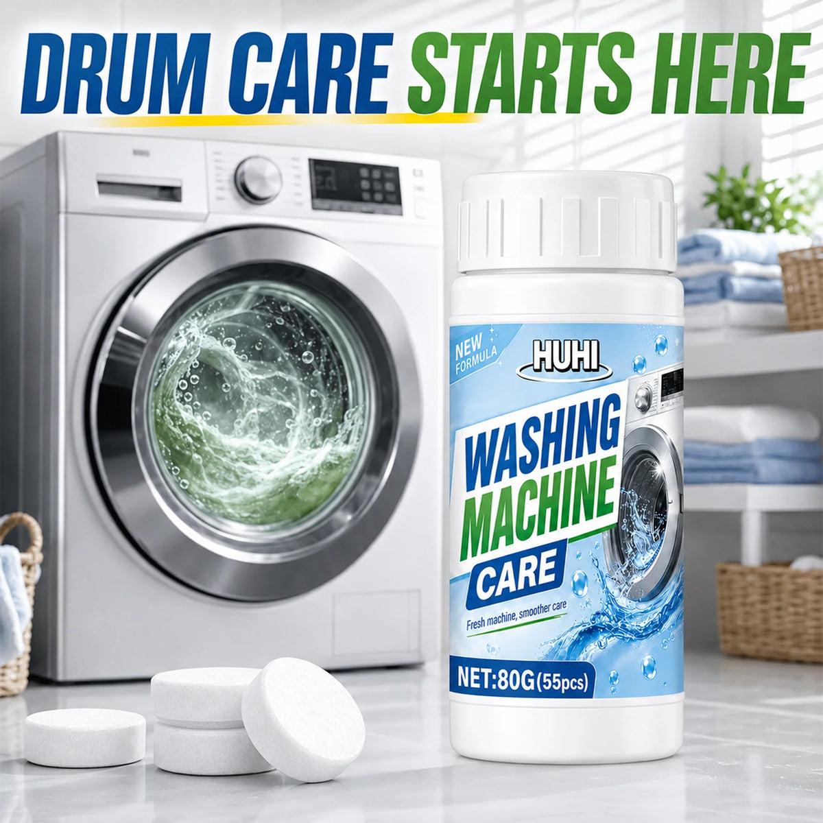 55Pcs Multi-use Appliance Effervescent Tablets. Cleans Washer Drums &amp; Pipes, Eliminates Grime &amp; Odors for Daily Maintenance.