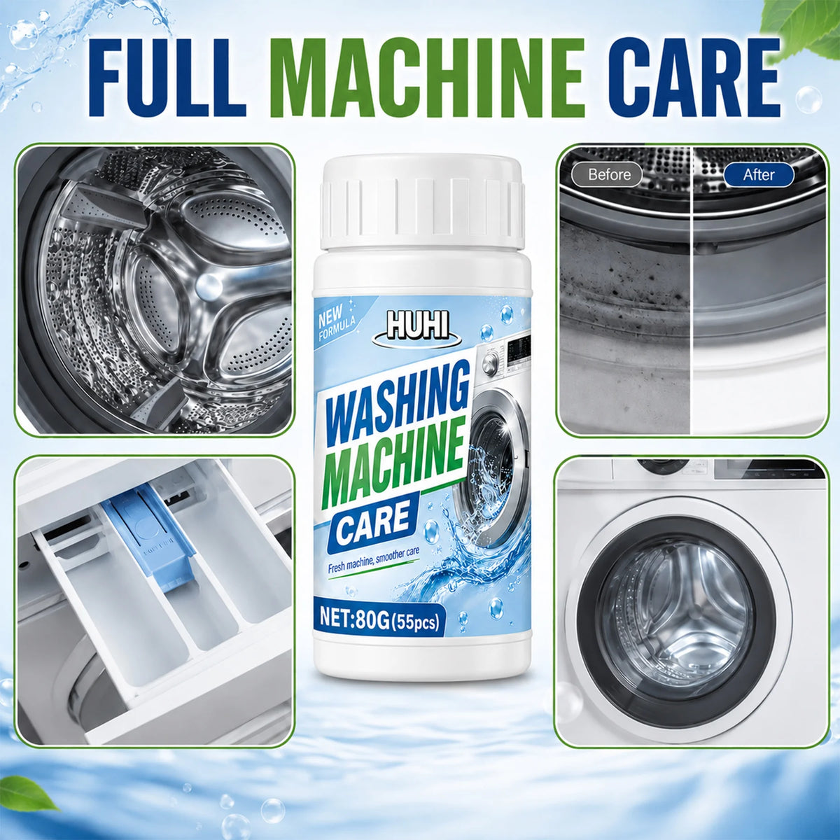 55Pcs Multi-use Appliance Effervescent Tablets. Cleans Washer Drums &amp; Pipes, Eliminates Grime &amp; Odors for Daily Maintenance.