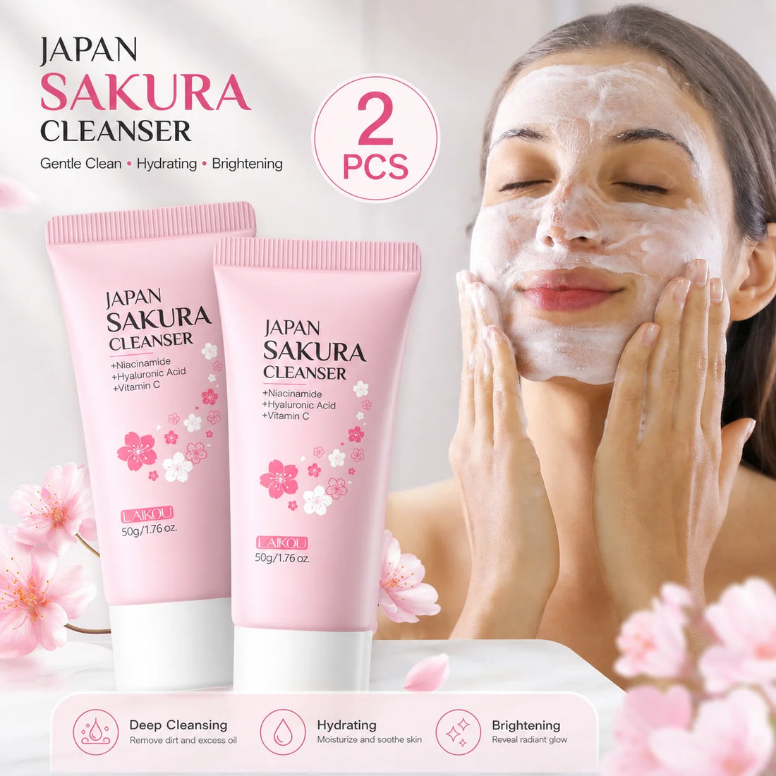 2 PCS LAIKOU Japan Sakura Cleanser 50g Deep Cleansing Soften Skin Moisturizing Gentle Facial Wash