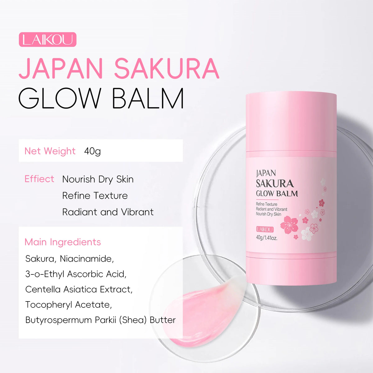 LAIKOU Japan Sakura Glow Balm 40g Nourishing Refining Radiant Skin Moisturizing Stick Balm