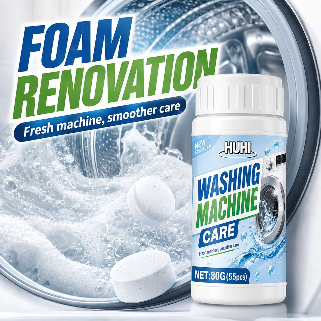 55Pcs Multi-use Appliance Effervescent Tablets. Cleans Washer Drums &amp; Pipes, Eliminates Grime &amp; Odors for Daily Maintenance.
